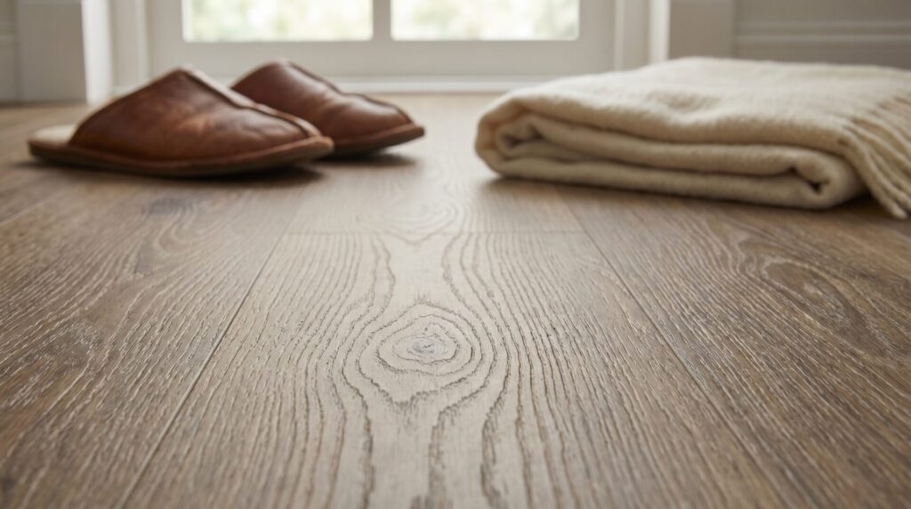 Premium luxury vinyl plank flooring close-up showing realistic wood grain and texture