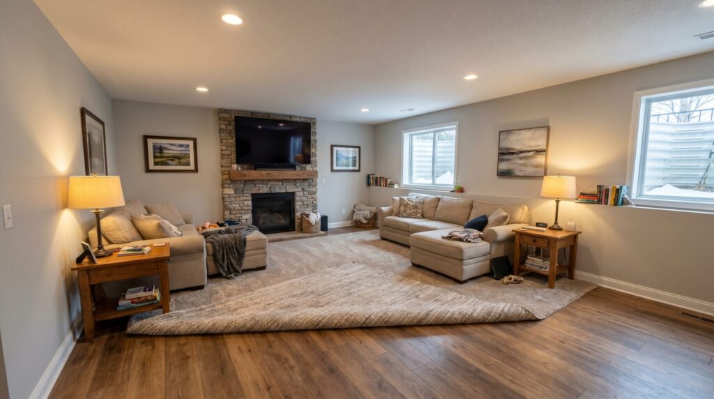 Engineered hardwood flooring in a finished Madison basement family room