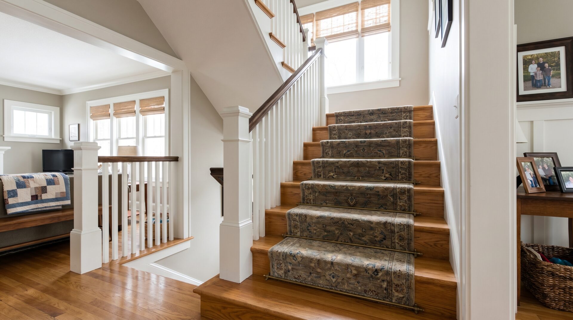 Madison home staircase with a wool carpet runner over refinished oak hardwood