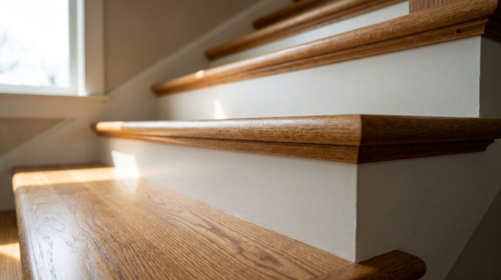 Detail of hardwood stair tread showing grain, satin finish, and bullnose edge