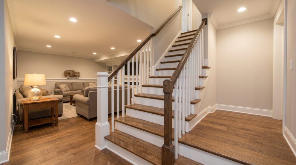 Finished basement staircase in a Wisconsin home with engineered hardwood treads