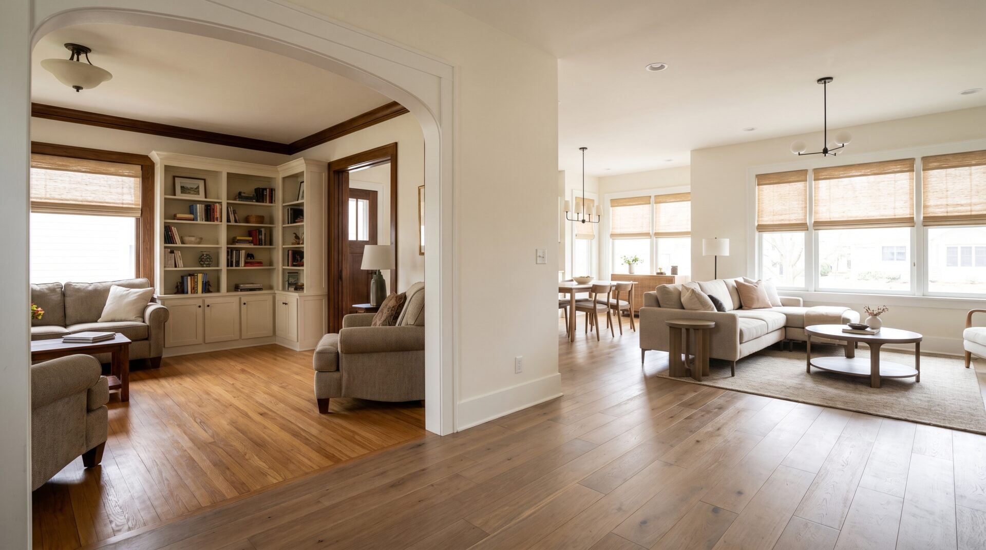 Side-by-side comparison of solid hardwood and engineered hardwood flooring in Madison homes