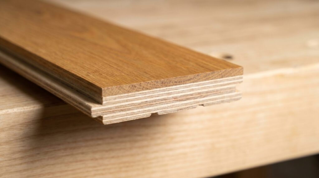 Detail of engineered hardwood plank cross-section showing the wear layer and plywood core construction