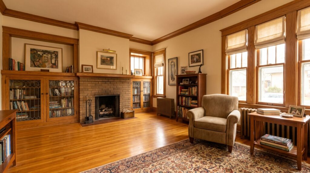 Older Madison craftsman home interior with original solid hardwood floors