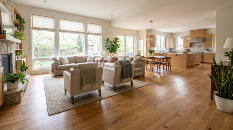 A bright, neutral-toned dining room featuring a round wooden table surrounded by six beige upholstered chairs under a modern brass geometric chandelier, with a chevron pattern hardwood floor and a wooden sideboard decorated with plants and books.
