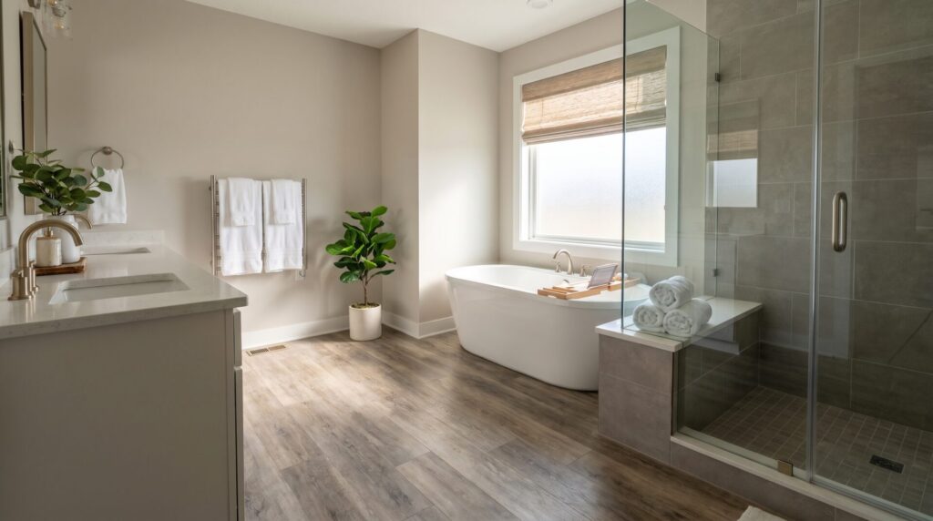 A spacious, modern bathroom with light hardwood floors, featuring a freestanding white soaking tub beneath a window, a glass-enclosed walk-in shower with grey tiling, a double vanity with gold fixtures, and potted green plants.