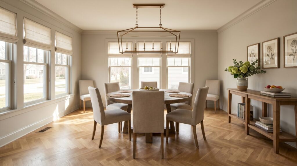 A bright, open-concept living space with warm wood floors, featuring a cozy seating area with beige couches and armchairs around a textured rug, large windows looking out to a yard, a stone fireplace, and a kitchen with light wood cabinetry in the background.