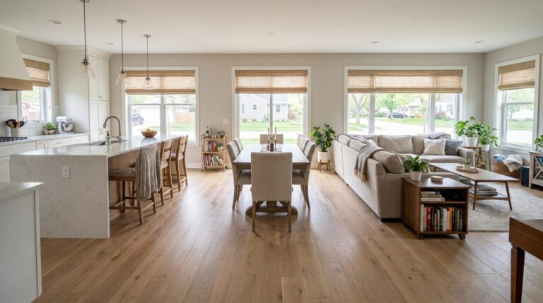Open-concept main floor in a Madison home with continuous wide-plank engineered hardwood across kitchen, dining, and living areas