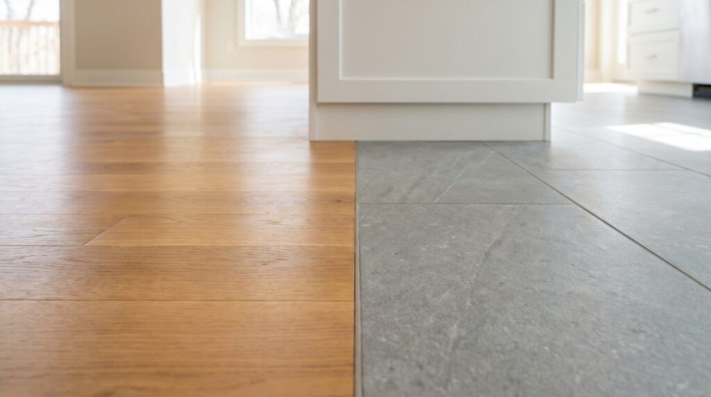 Detail of a flush transition between hardwood and porcelain tile at the edge of a kitchen island
