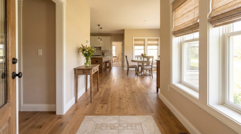 View from the front entry into an open-concept main floor showing the flooring sightline through the home