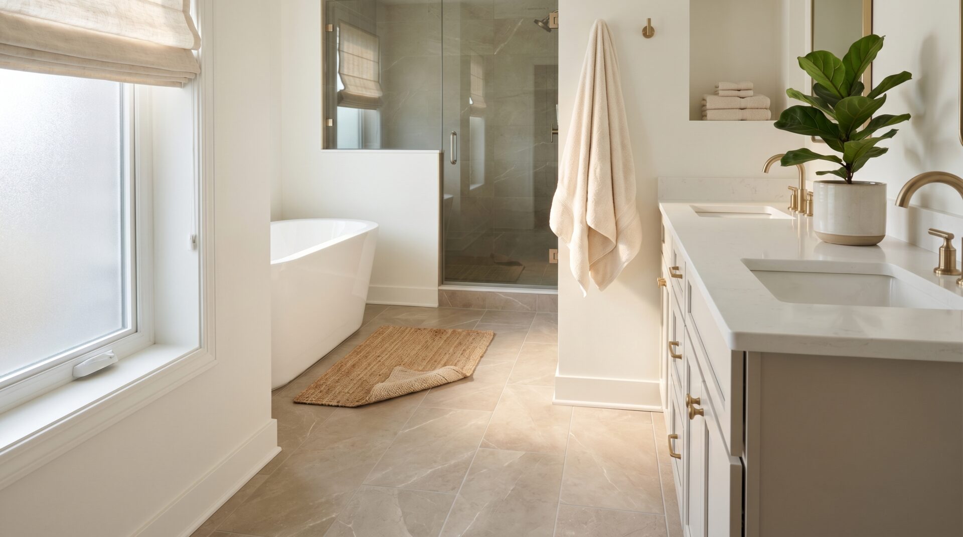 Madison home primary bathroom with heated large-format porcelain tile floor and warm morning light