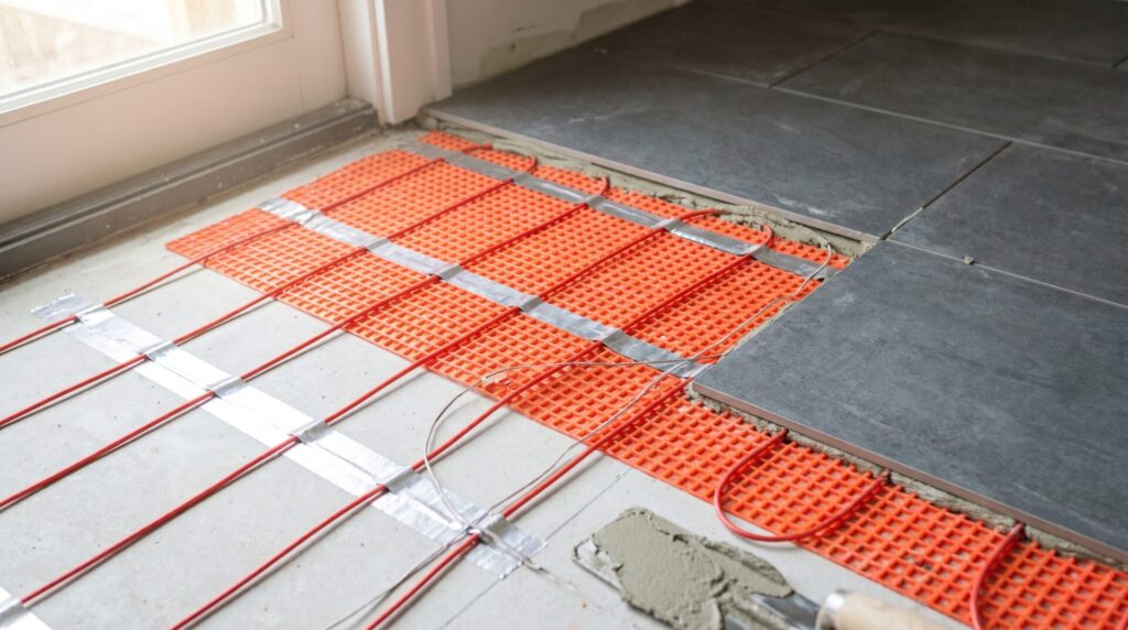 Detail of electric radiant heat mat installed under tile in a Madison home renovation