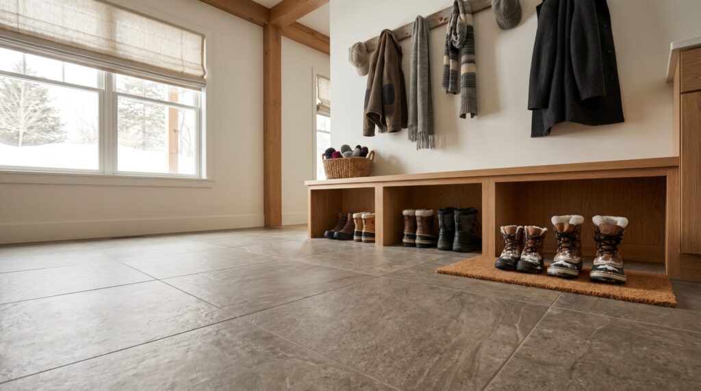 Wisconsin home mudroom with heated porcelain tile floor and winter boots drying