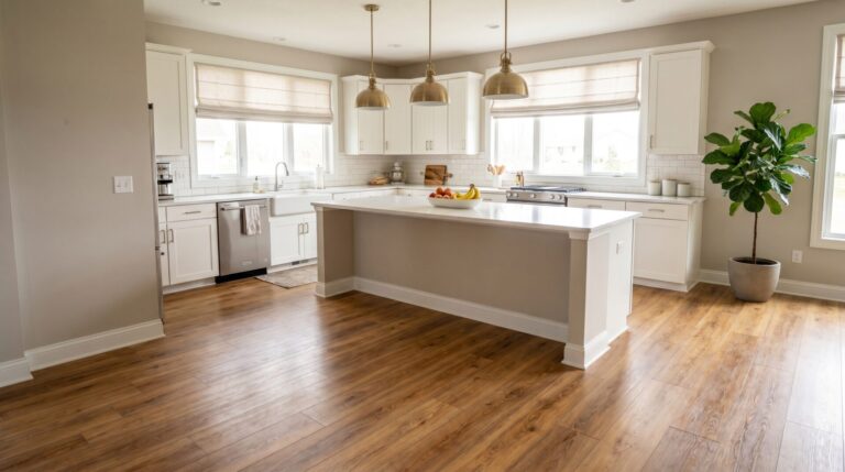 Madison kitchen with warm-toned luxury vinyl plank flooring, island, and natural light