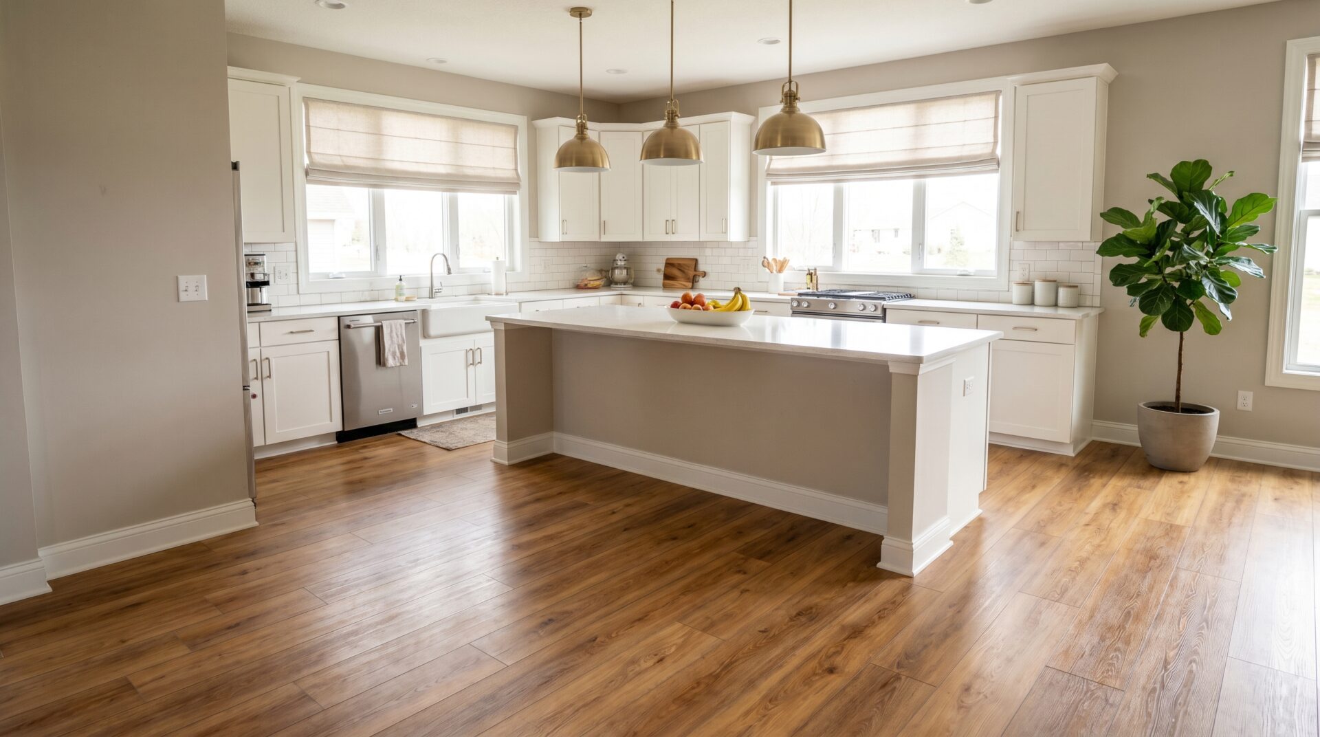 Madison kitchen with warm-toned luxury vinyl plank flooring, island, and natural light