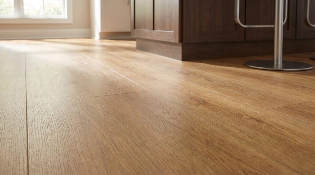 Close-up of premium luxury vinyl plank kitchen flooring showing wood-look grain and matte finish