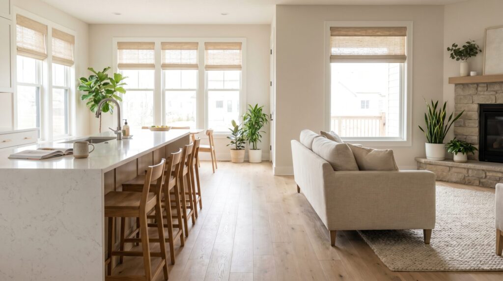 Open-concept Madison kitchen with engineered hardwood flooring flowing into the living area