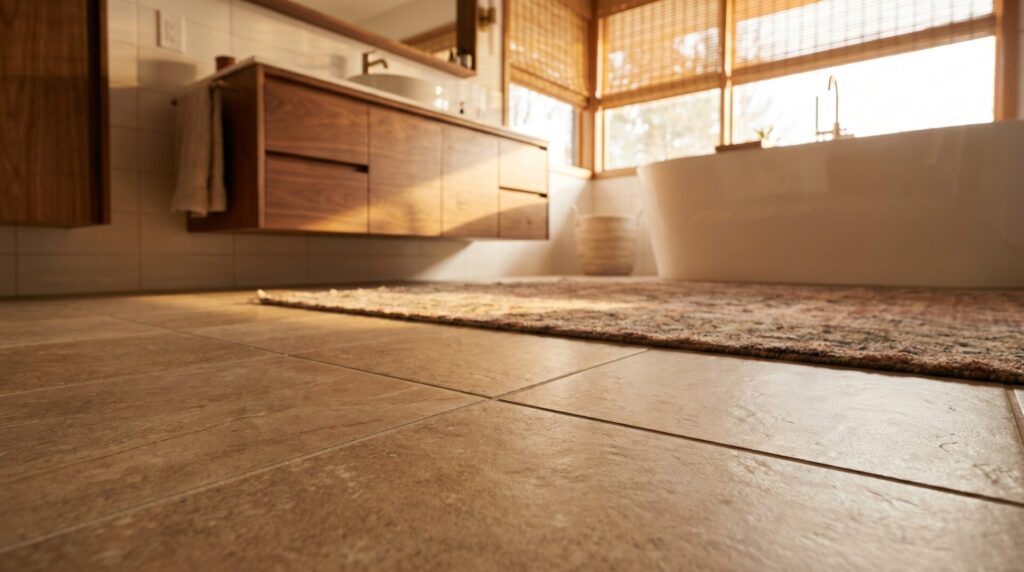 Close-up detail of porcelain tile bathroom flooring texture and grout lines