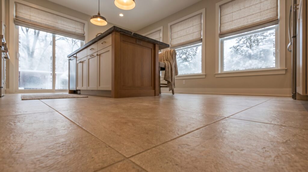 Close-up detail of porcelain tile flooring texture and grout lines