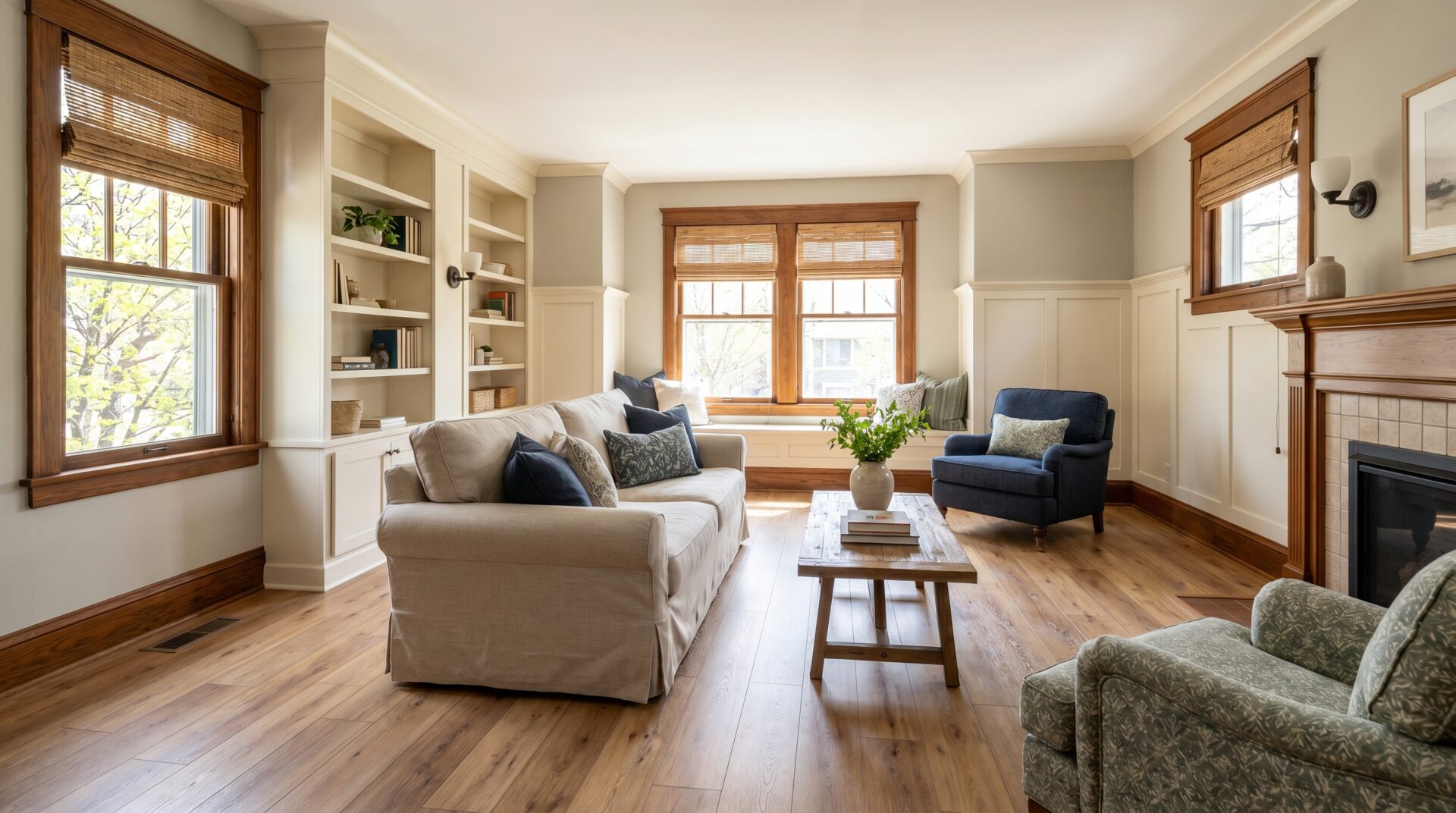 Wood-look laminate flooring in a Madison Wisconsin home living room
