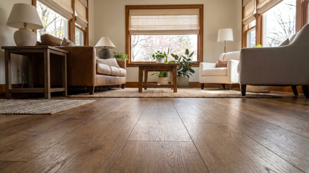 Close-up detail of wood-look laminate flooring plank texture