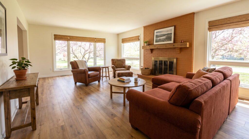 Laminate flooring in a bright Wisconsin home family room
