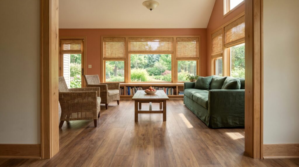 Luxury vinyl plank flooring in an accessible Wisconsin home living room