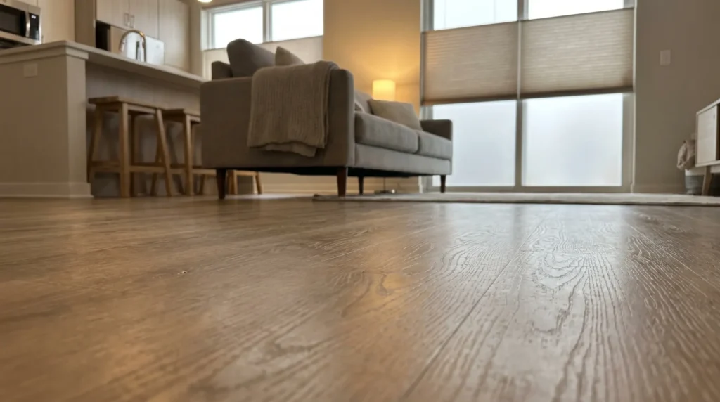 Close-up detail of durable rental-grade luxury vinyl plank flooring
