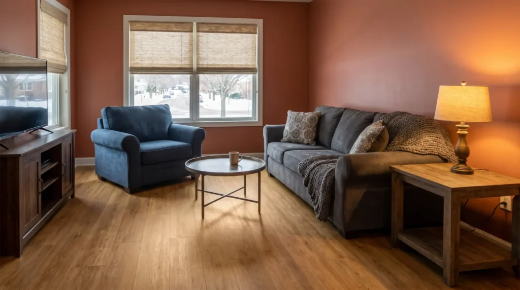 Luxury vinyl plank flooring in a bright Wisconsin rental apartment living area