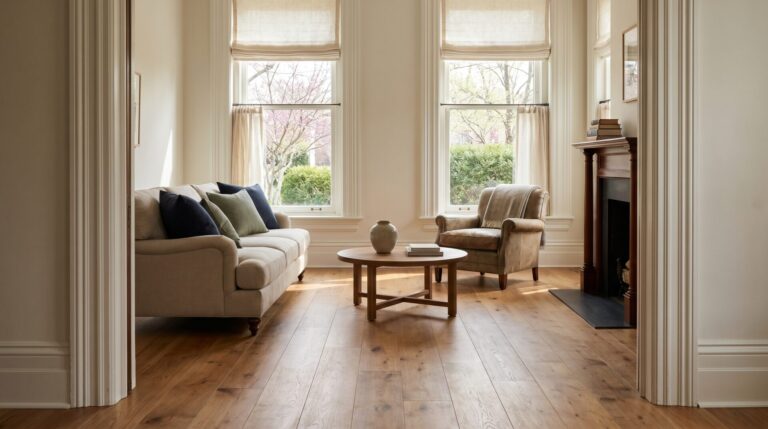 Wide plank oak hardwood flooring in a bright Madison Wisconsin living room