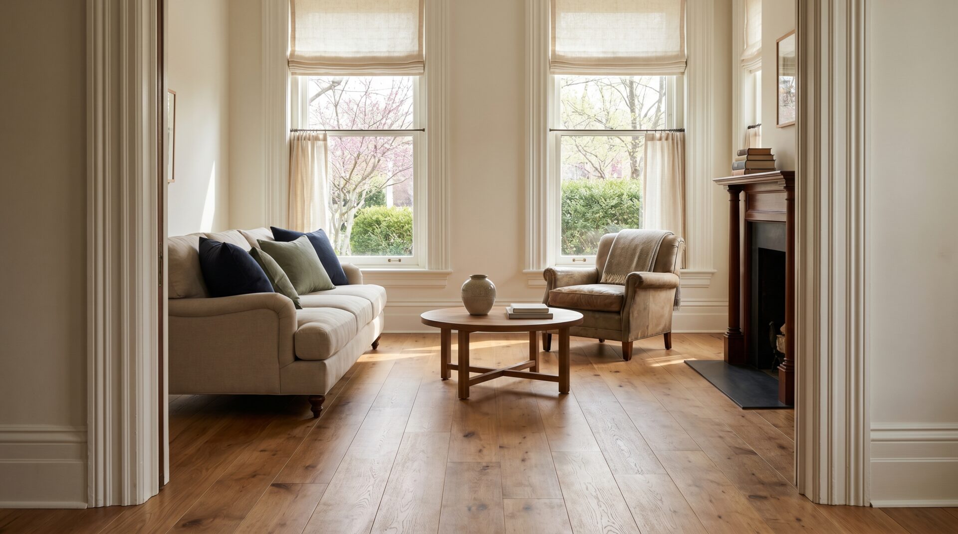 Wide plank oak hardwood flooring in a bright Madison Wisconsin living room