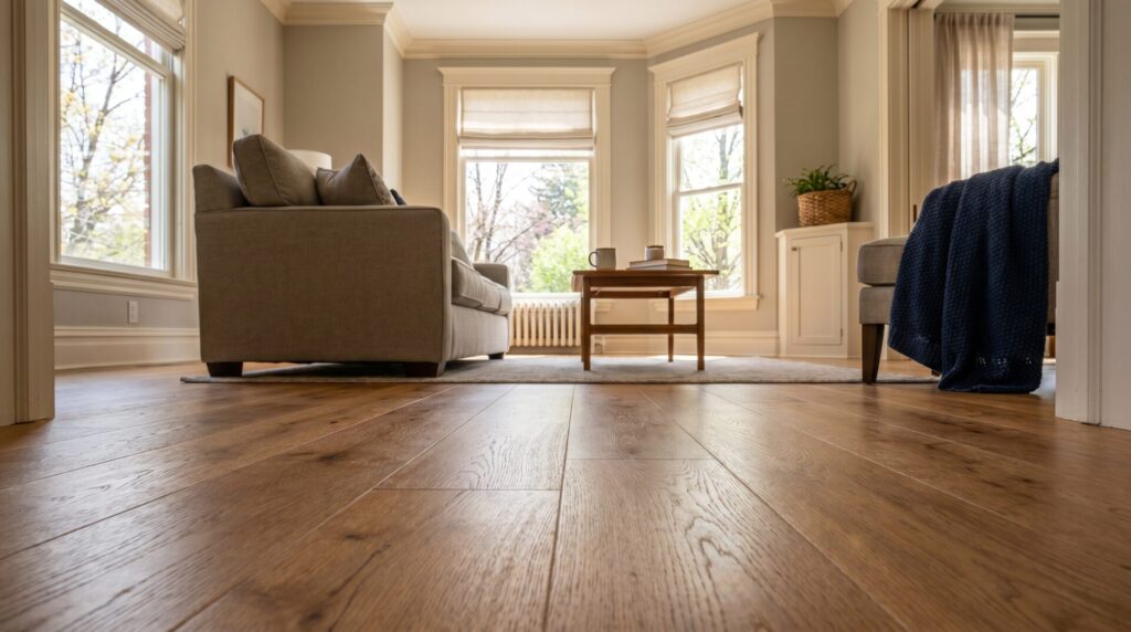Close-up detail of oak hardwood flooring plank grain and finish