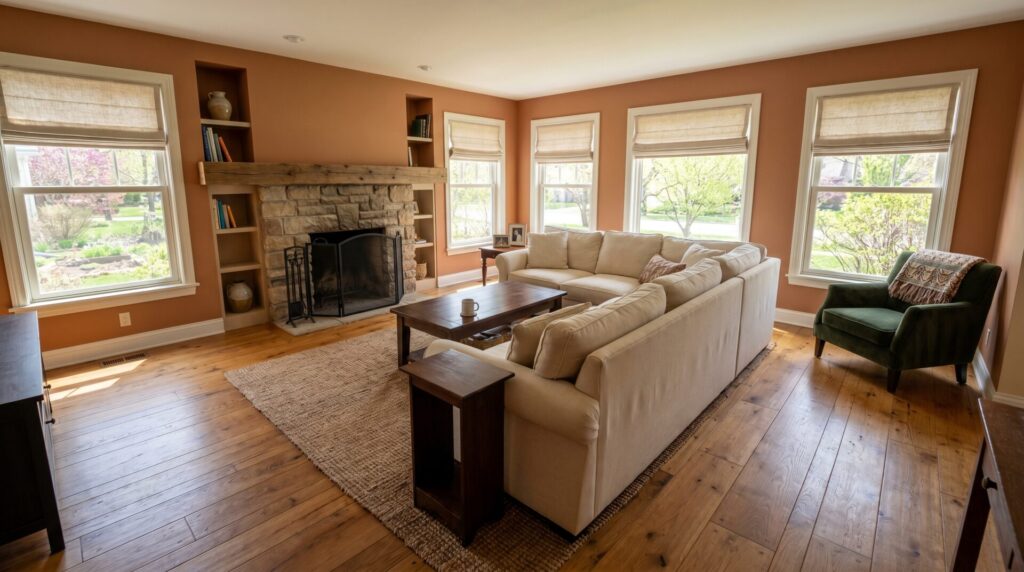 Warm oak hardwood flooring in a Wisconsin home living room