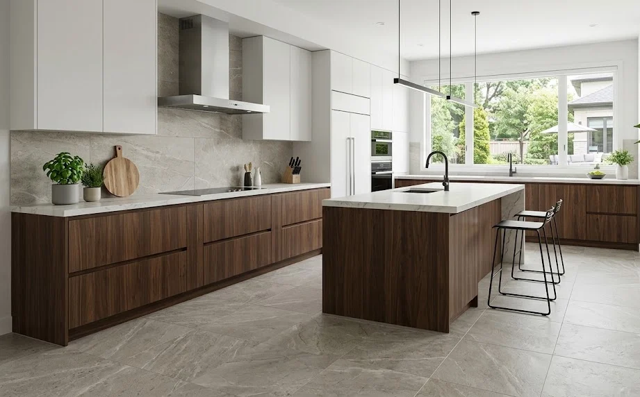 Daltile natural stone-look in a large kitchen