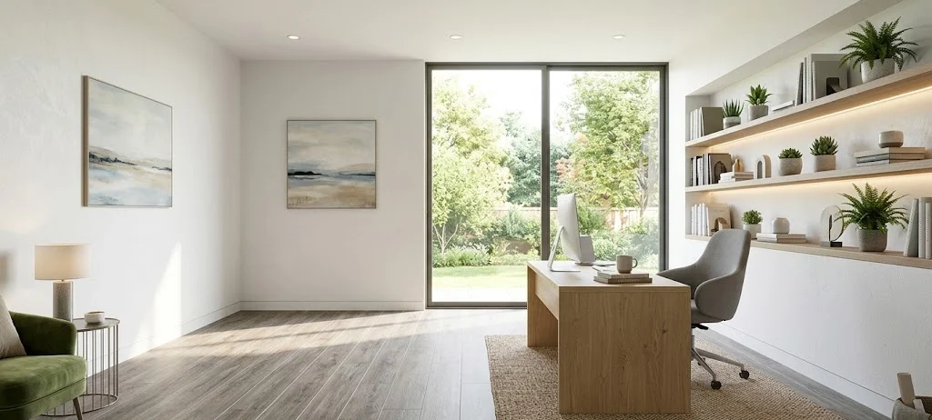 Daltile wood-look porcelain tile in modern home office