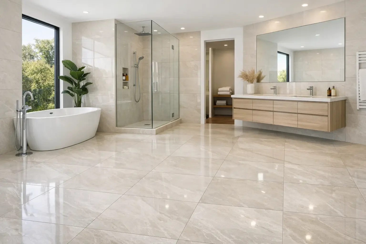 Daltile shinny large tile in modern bathroom