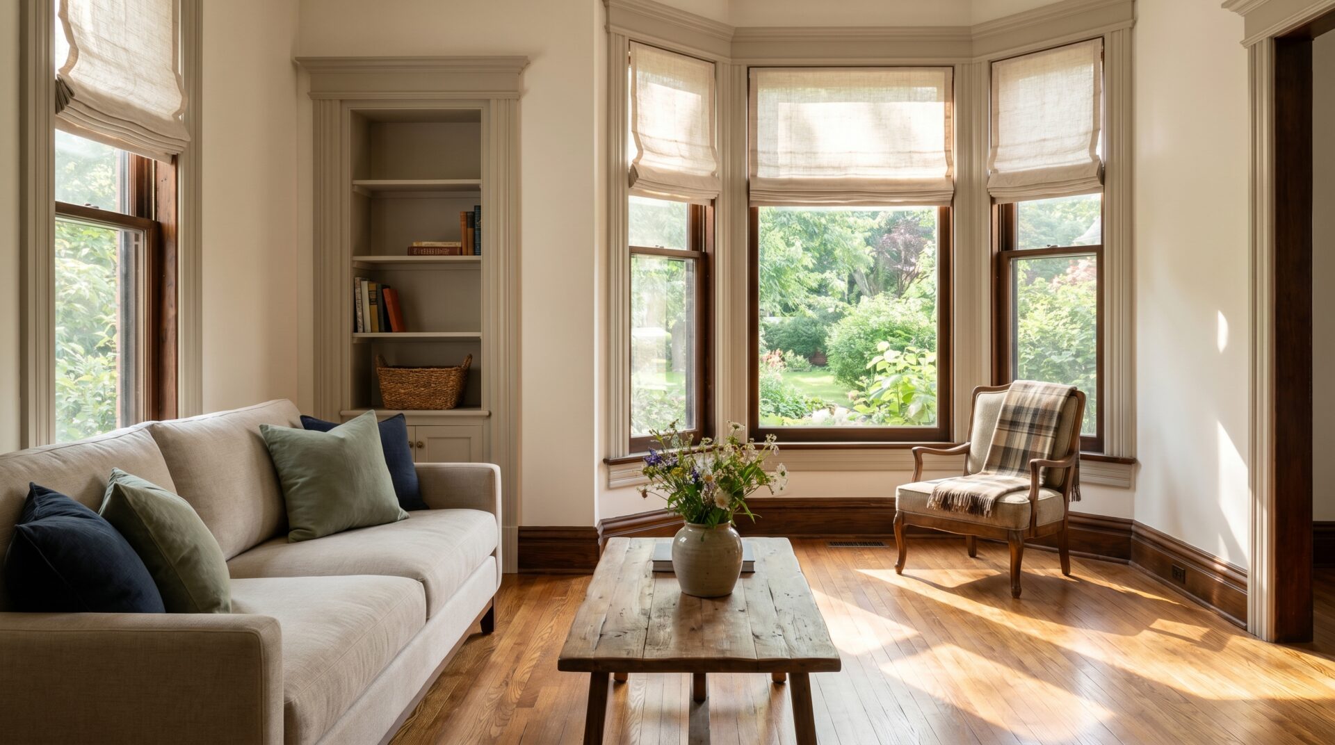Refinished original oak flooring in a historic Maple Bluff style living room
