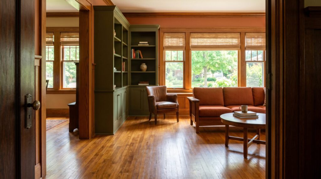 Warm hardwood flooring in a historic Madison area home living room