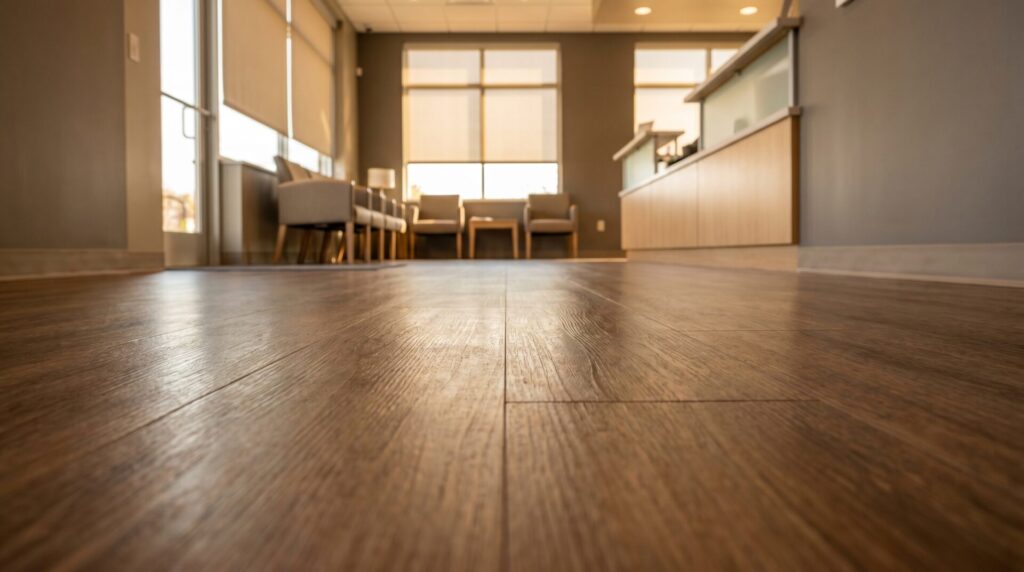 Close-up detail of luxury vinyl tile flooring in a medical office corridor