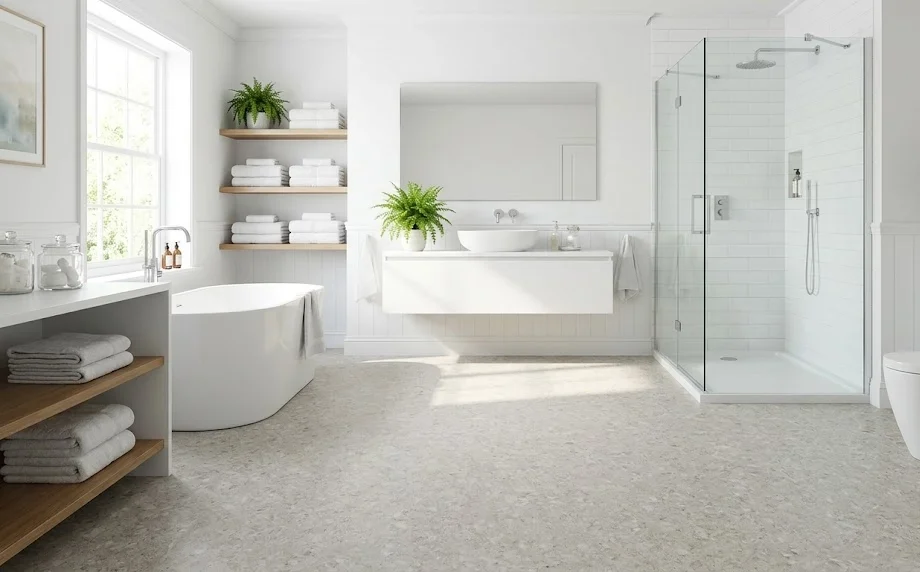Mannington sheet vinyl in a bright bathroom