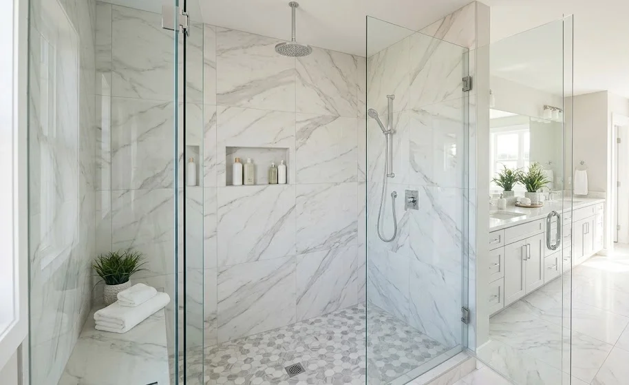 MSI porcelain tile installed on shower walls