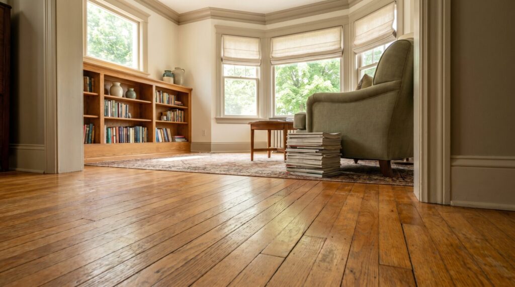 Close-up detail of refinished original oak hardwood flooring boards