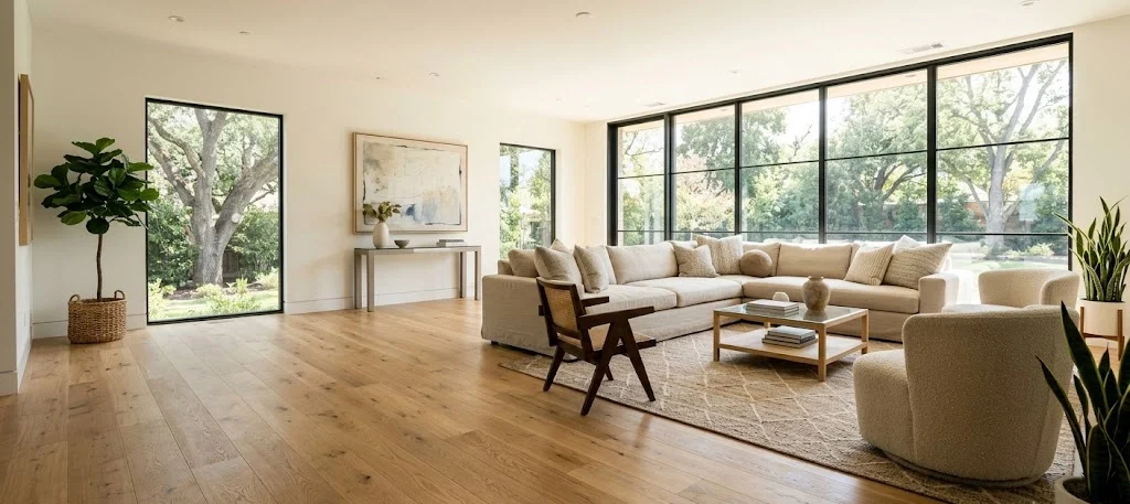Shaw hardwood flooring in a bright living room