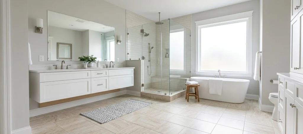 Shaw tile flooring in a bright bathroom