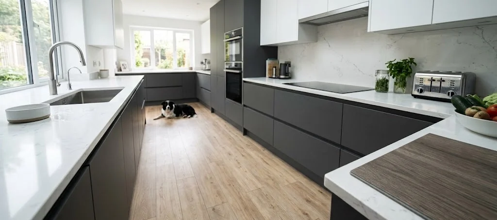 Shaw waterproof luxury vinyl plank in modern kitchen