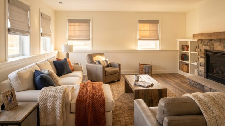 Finished Madison basement family room with rigid-core luxury vinyl plank flooring