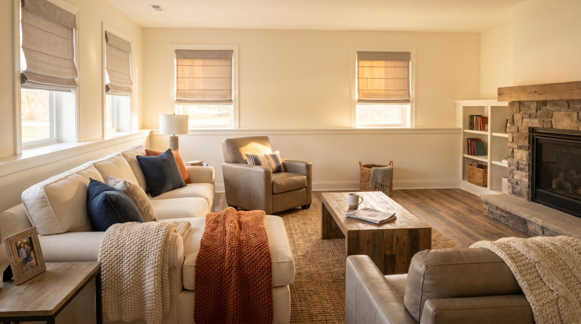 Finished Madison basement family room with rigid-core luxury vinyl plank flooring
