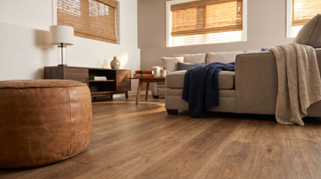 Close-up detail of rigid-core luxury vinyl plank basement flooring