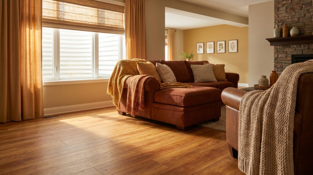 Luxury vinyl plank flooring in a bright finished Wisconsin basement