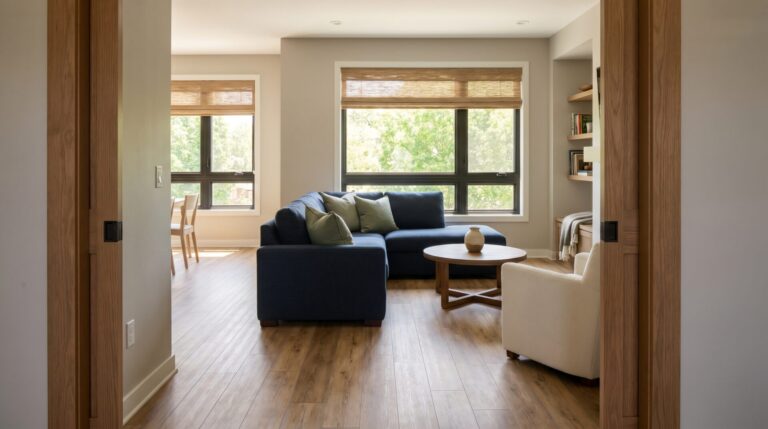 New plank flooring in a freshly finished Madison Wisconsin living room